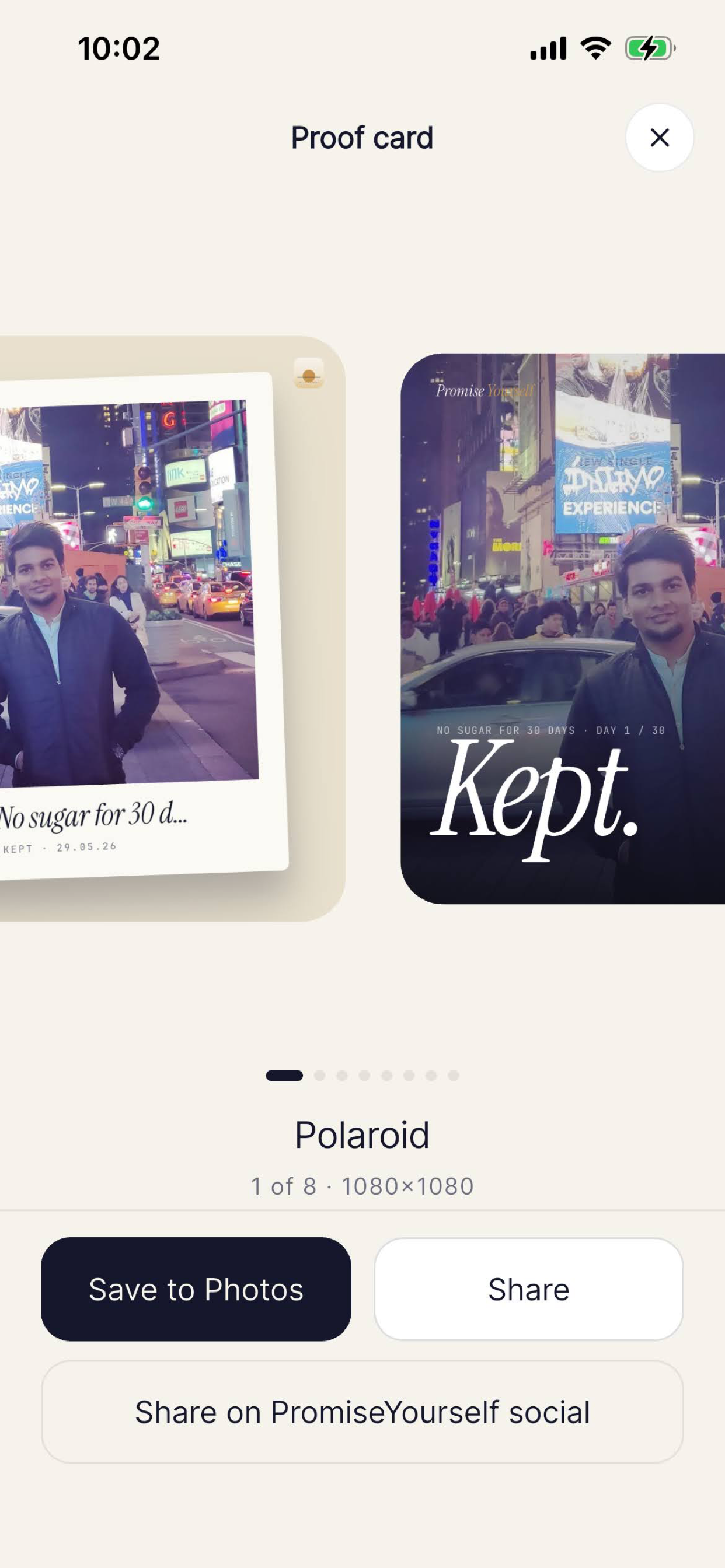 Promise Yourself Daily — Promise Kept card carousel